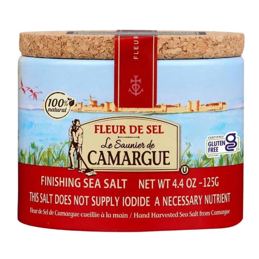 Le Saunier de Camargue Fleur de Sel French Sea Salt Finishing Salt Gourmet Hand-Harvested Flaky Salt in Resealable Cork-Topped Container 125g