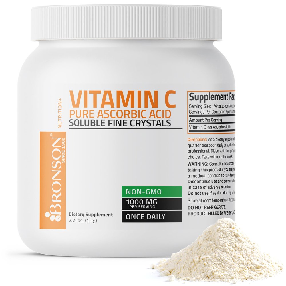 Bronson Vitamin C Powder Pure Ascorbic Acid Soluble Fine Non GMO Crystals  Promotes Healthy Immune System and Cell Protection  Powerful Antioxidant - 1 Kilogram (2.2 Lbs)