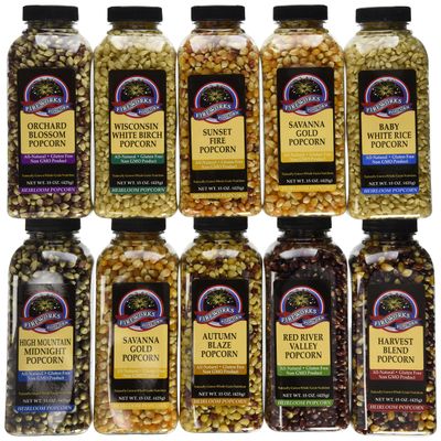 Fireworks Organic Popcorn Kernels - Assorted Gourmet Heirloom Variety Pack 10 Bottles (15 oz Each) - For Popcorn Makers, Stovetop, or Air Popper - Non-GMO, Natural Snack Sampler Case