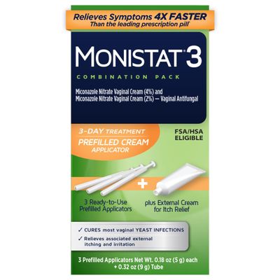 Monistat 3-Day Yeast Infection Treatment for Women, 3 Pre-Filled Miconazole Cream Applicators & External Itch Relief Anti-Itch Cream (9g Tube) Combo Pack, Regular Strength