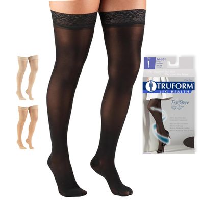 Truform Sheer Compression Stockings, 20-30 mmHg, Women's Thigh High Length, 30 Denier, Black, Small