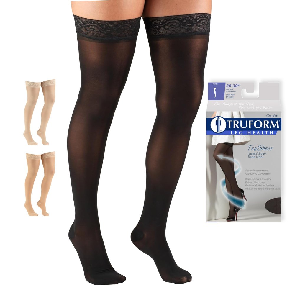 Truform Sheer Compression Stockings, 20-30 mmHg, Women's Thigh High Length, 30 Denier, Black, Small