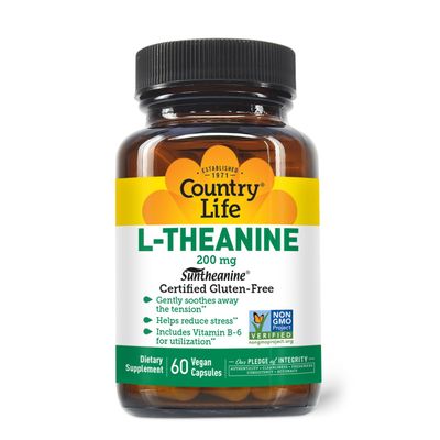 Country Life Suntheanine L-Theanine 60 Vegan Capsules | Natural Stress Relief Supplement with Inositol | Promotes Relaxation, Focus & Better Sleep | Certified Gluten-Free, Non-Drowsy Formula