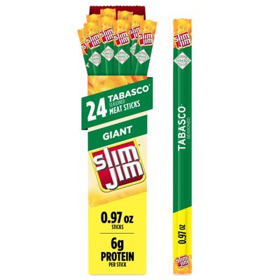 Slim Jim Giant Smoked Meat Sticks, Tabasco Flavor, 6g Protein Per Stick, 0.97 oz. (24 Count)