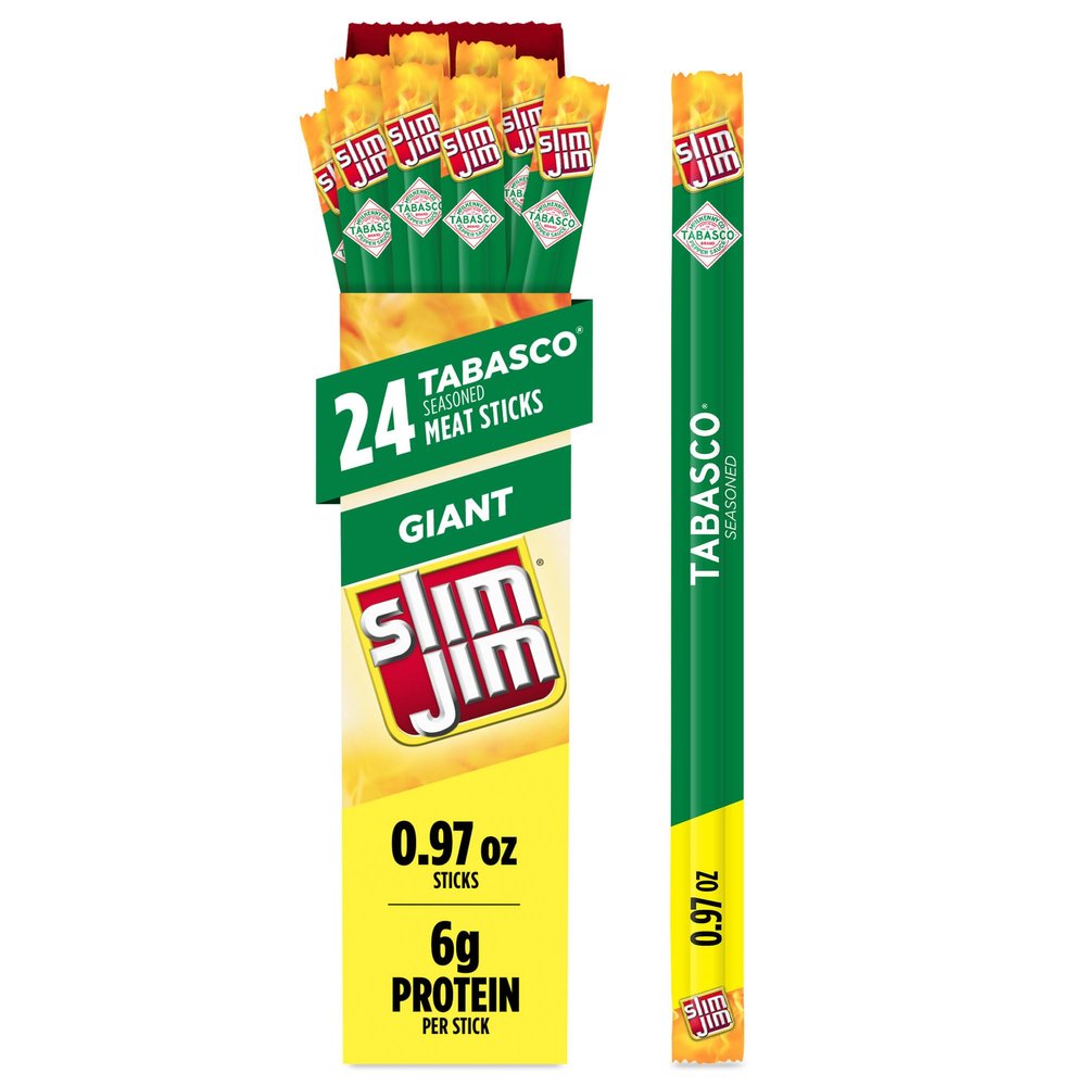 Slim Jim Giant Smoked Meat Sticks, Tabasco Flavor, 6g Protein Per Stick, 0.97 oz. (24 Count)