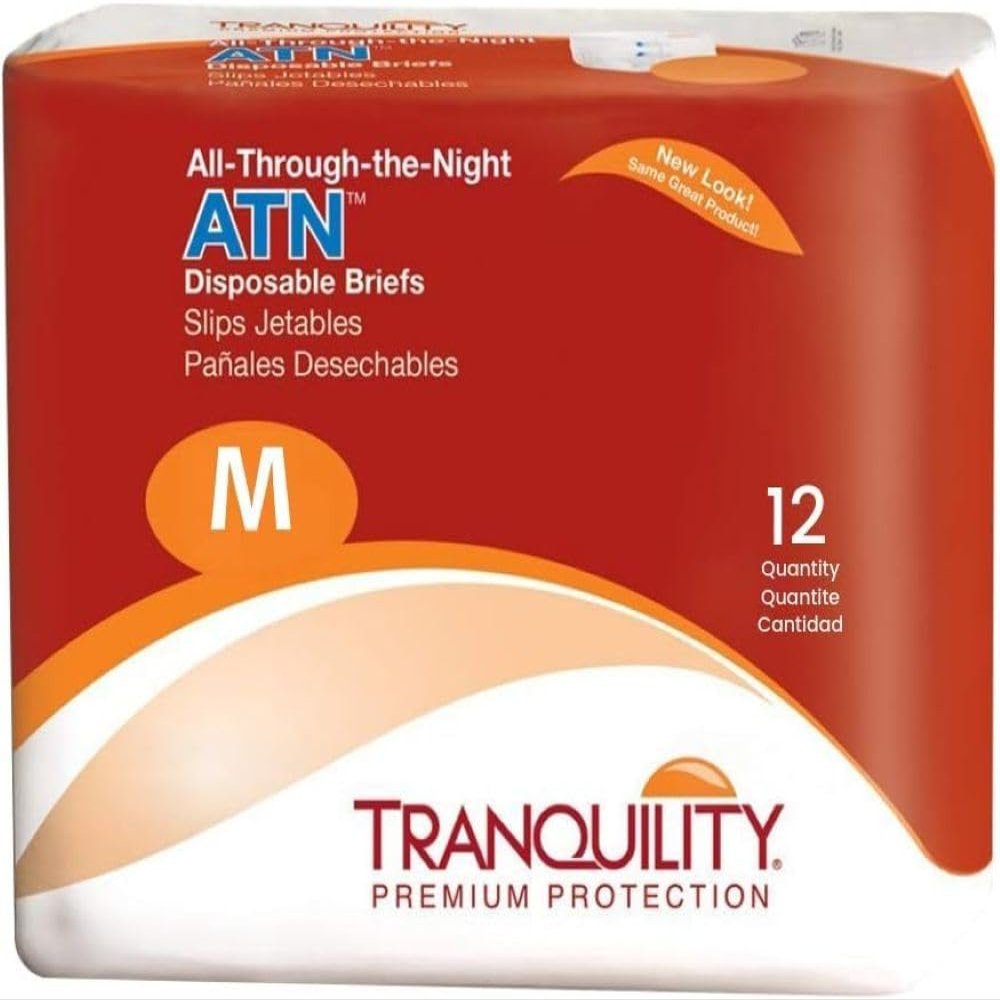 Tranquility Premium ATN Disposable Briefs with Tabs, Overnight Protection Superabsorbent Core for Leak-Free and Full-Fit Comfort, Medium 96ct Case