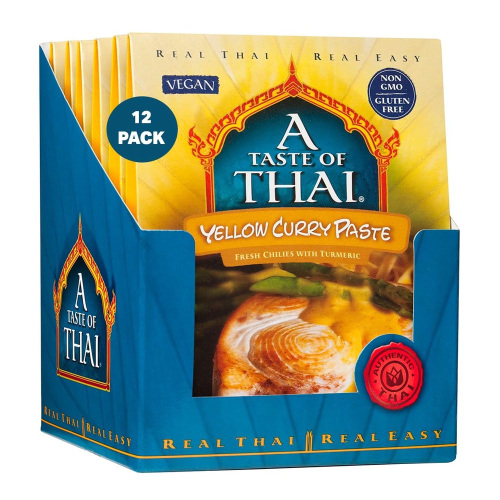 A Taste of Thai Yellow Curry Paste  Authentic & Natural Ready-to-Use Thai Curry Paste - Vegan, GlutenFree & NonGMO - Golden, Aromatic Flavor for Curries, StirFries & Soups - 1.75 oz (Pack of 12)