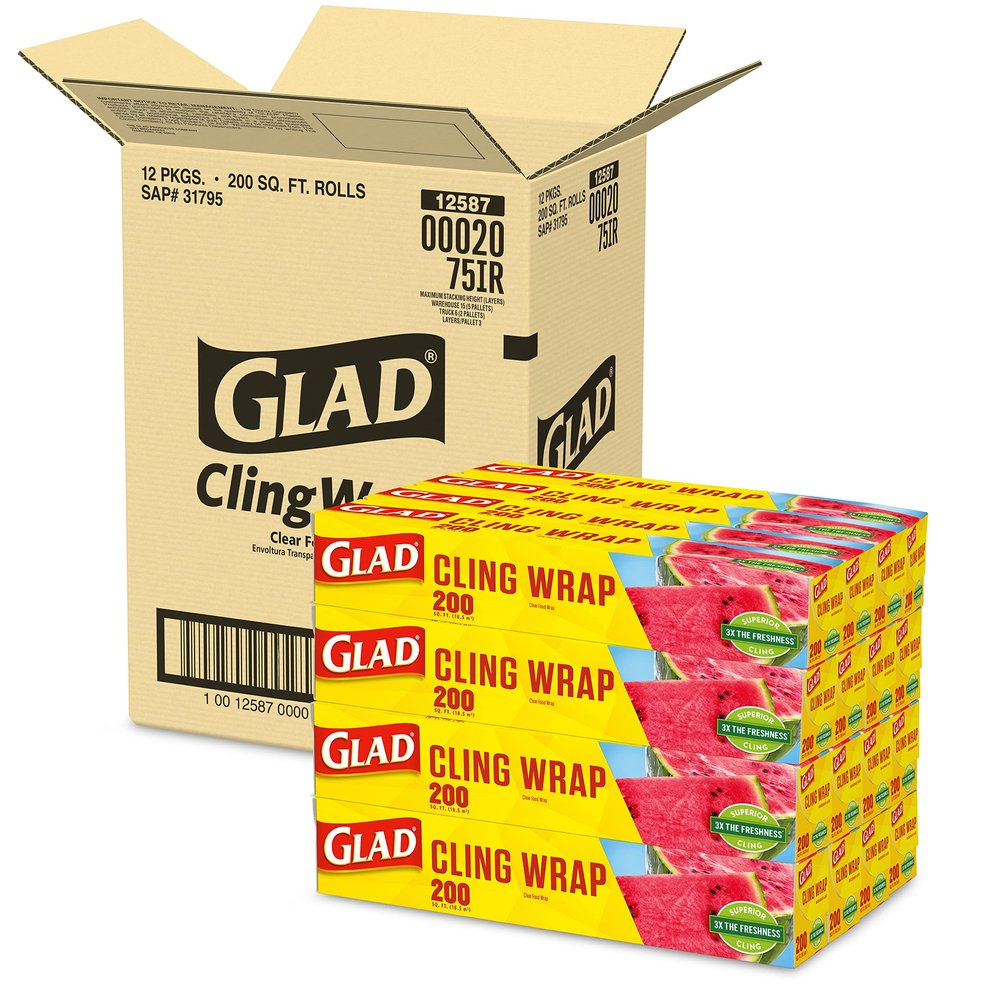 Glad Cling N Seal Plastic Food Wrap, 200 Square Foot Roll, Pack of 12, (Package May Vary)