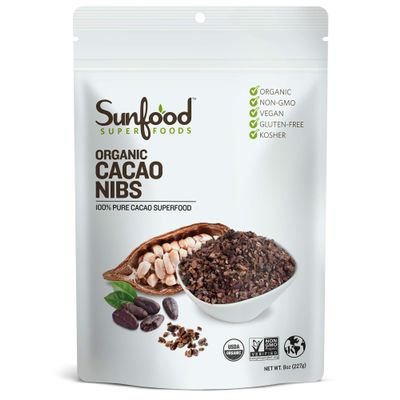 Sunfood Organic Cacao Nibs - Cacao Nibs Organic, Dark Chocolate Nibs, Raw Cacao Nibs, Sugar Free Cocoa Bean Chips, Unsweetened Coco Bits with Theobromine, USDA Organic, Keto, Raw, Vegan - 8 oz Bag