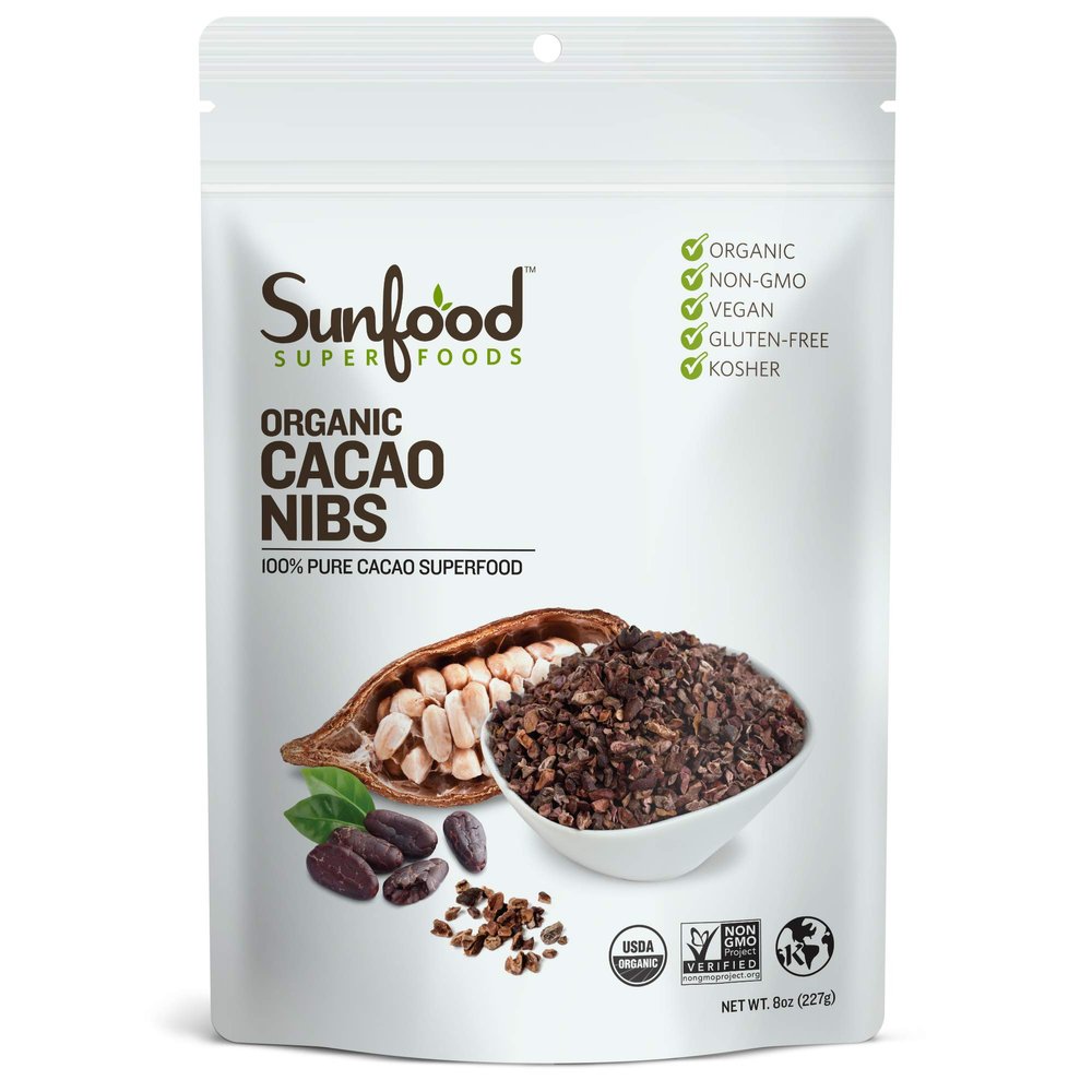 Sunfood Organic Cacao Nibs - Cacao Nibs Organic, Dark Chocolate Nibs, Raw Cacao Nibs, Sugar Free Cocoa Bean Chips, Unsweetened Coco Bits with Theobromine, USDA Organic, Keto, Raw, Vegan - 8 oz Bag