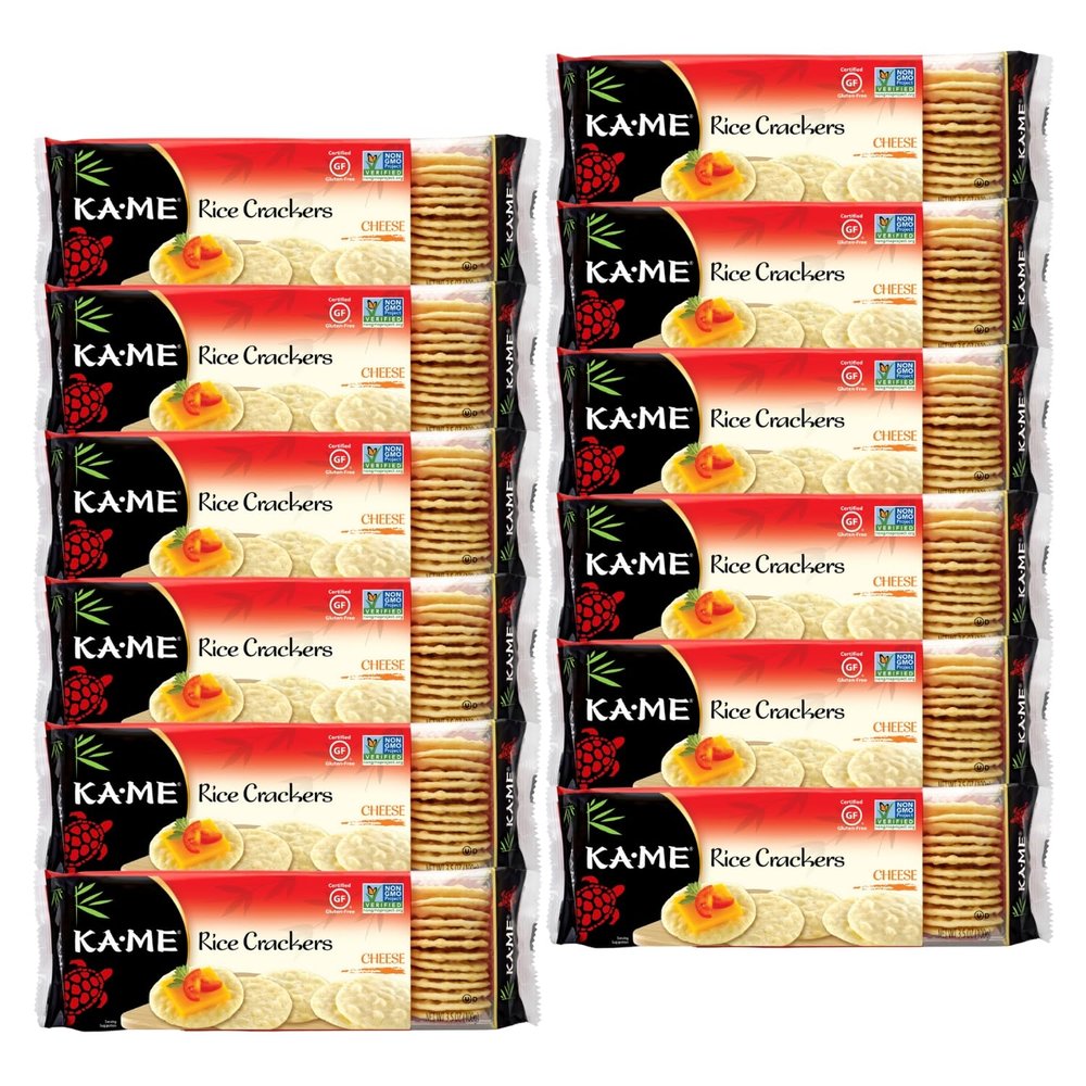 KA-ME Gluten-Free Cheese Rice Crackers 3.5 oz (Pack of 12), Authentic Asian Ingredients and Flavors, Certified Gluten Free Crackers, No Artificial Flavors/Colors, Non GMO Snacks, Served with Asian Salmon, Cream Cheese, Egg & Tuna Salad, Asian Guacamo
