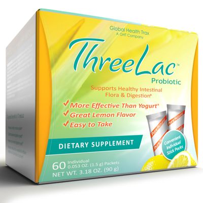 Global Health Trax GHT - ThreeLac Lemon Probiotic Drink Mix for Digestive Health - Advanced Probiotic Powder Formula for Men, Women & Kids - Immune Support & Gut Balance, Non-GMO - 60 Packets