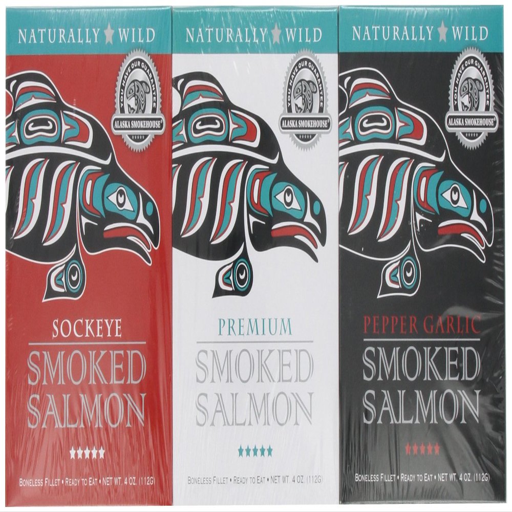 Alaska Smokehouse Trio of Smoked Salmon/Pepper Garlic/Sockeye Gift Set 4 ounce each