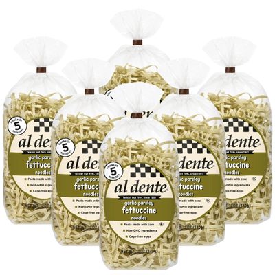 Al Dente Garlic Parsley Fettuccine  All-Natural Egg Pasta. Delicious, Gourmet, And Versatile. Traditional Pasta Noodles Made With Cage-Free Eggs, Semolina, Garlic, And Parsley. Make Any Recipe Look and Feel Like A High-End Dish. 12oz Bags (Pack of 6