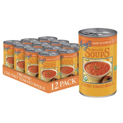 Amys Soup, Chunky Tomato Bisque, Light in Sodium, Gluten Free, Made With Organic Tomatoes and Cream, Canned Soup, 14.5 Oz (12 Pack)