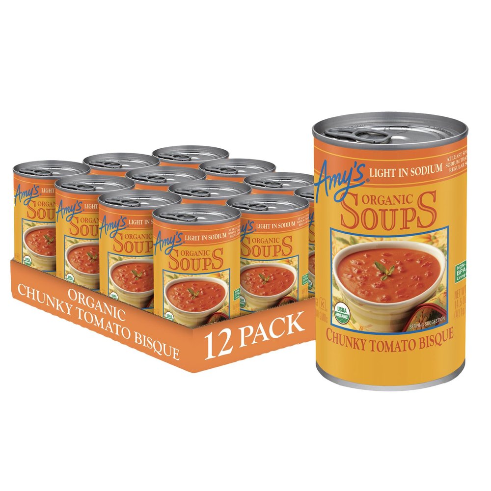 Amys Soup, Chunky Tomato Bisque, Light in Sodium, Gluten Free, Made With Organic Tomatoes and Cream, Canned Soup, 14.5 Oz (12 Pack)