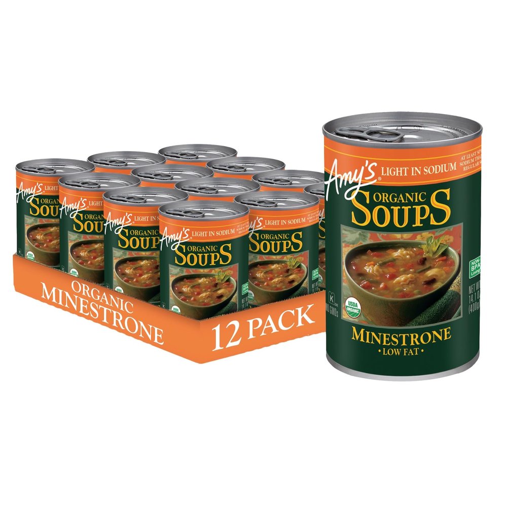 Amys Soup, Vegan Minestrone, Light in Sodium, Made With Organic Vegetables, Beans and Pasta in Tomato Broth, Canned Soup, 14.1 Oz (12 Pack)