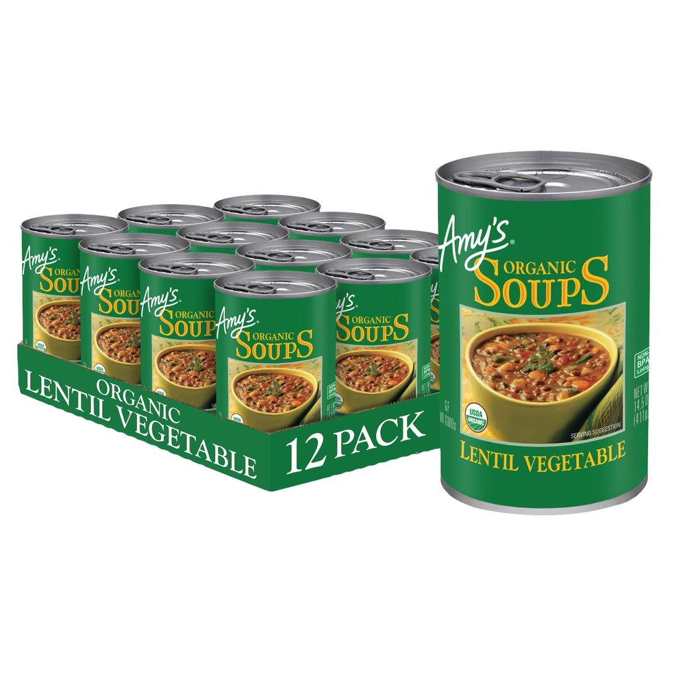 Amys, Vegan Lentil Vegetable Soup, Gluten Free, Made With Organic Vegetables, Canned Soup, 14.5 Oz (12 Pack)