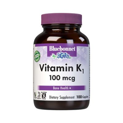 Bluebonnet Vitamin K1 100 mcg Supports Bone Health - Phylloquinone Crystalline Vitamin K Supplement - Non-GMO, Kosher Certified, Gluten-Free, Dairy-Free - 100 Vegan Caplets