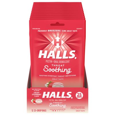 HALLS Throat Soothing (Previously HALLS Breezers) Creamy Strawberry Throat Drops, 12 Bags of 25 Drops (300 Total Drops)
