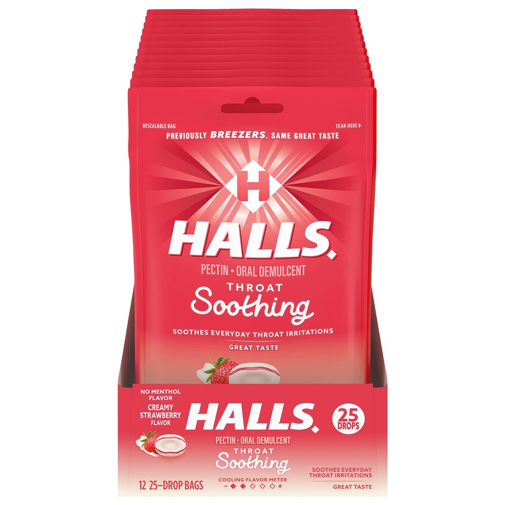 HALLS Throat Soothing (Previously HALLS Breezers) Creamy Strawberry Throat Drops, 12 Bags of 25 Drops (300 Total Drops)