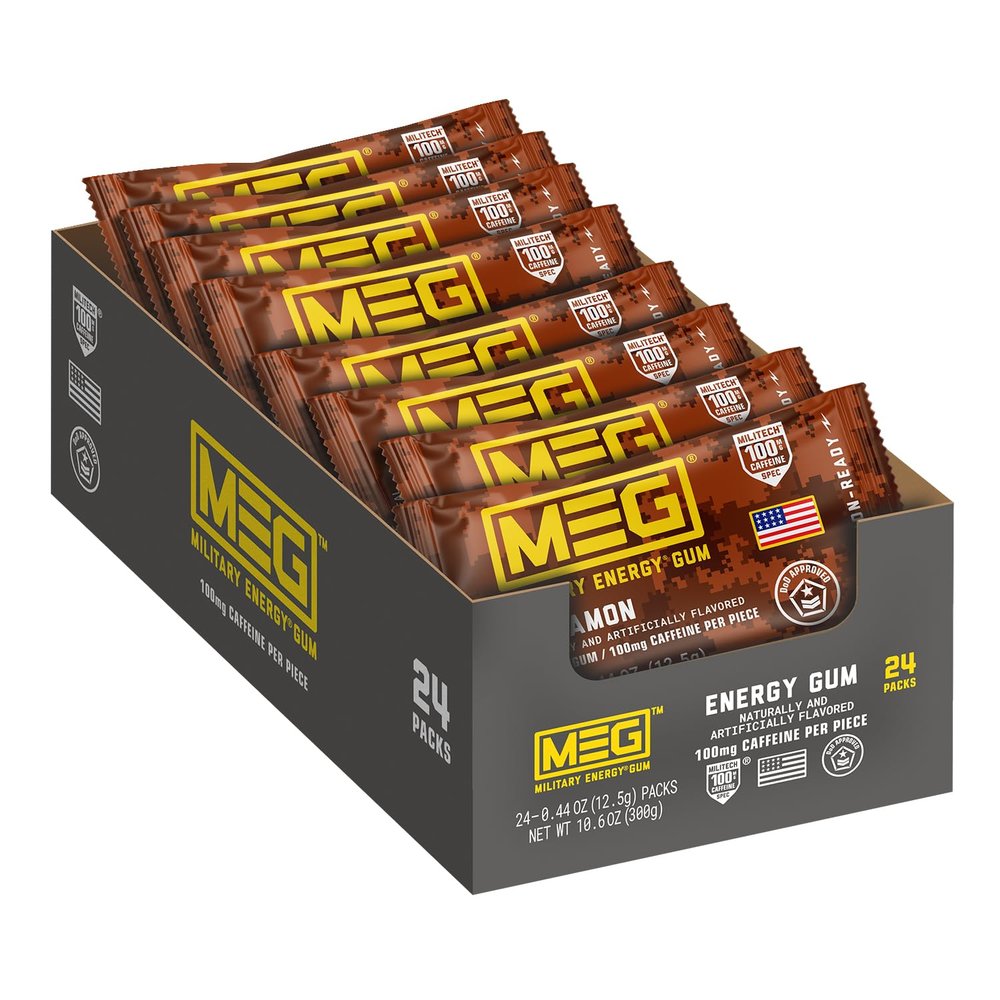 MEG (Military Energy Gum) - Cinnamon | Enhance Your Physical Performance with 100mg of Caffeine Per Piece, Ultimate Energy Boost for Workouts, Alternative to Energy Drinks | Pack of 24
