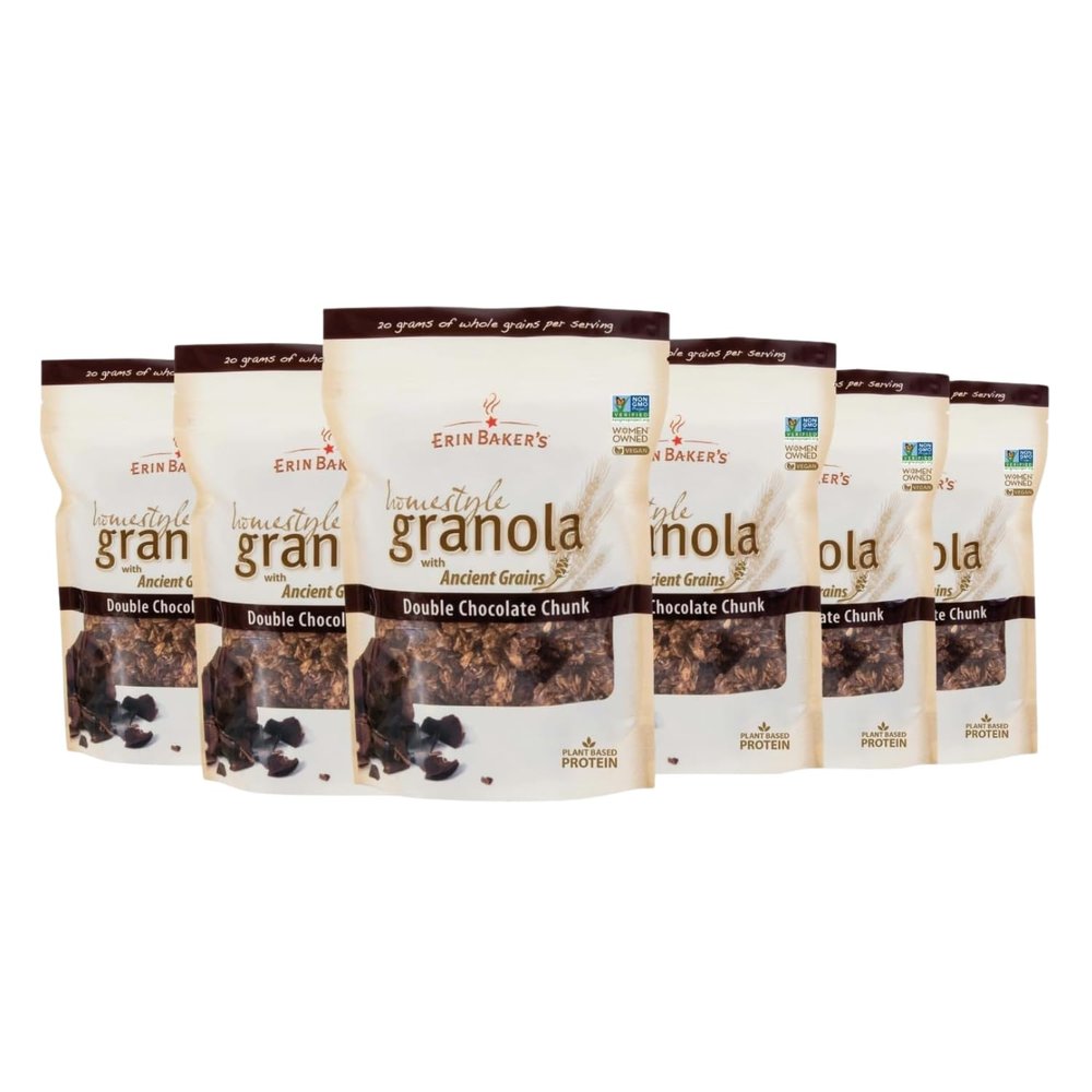 Erin Bakers Homestyle Double Chocolate Granola with Ancient Grains - Made from Natural Ingredients, Crunchy, Versatile Snack or Cereal - Vegan Friendly, Non-GMO, Resealable 12oz Bags, 6-Pack