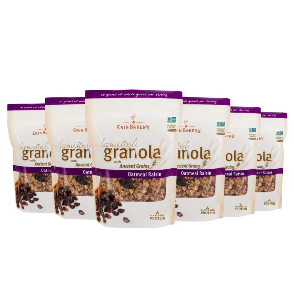 Erin Bakers Homestyle Oatmeal Raisin Granola with Ancient Grains - Made from Natural Ingredients, Crunchy, Versatile Snack or Cereal - Vegan Friendly, Non-GMO, Resealable 12oz Bags, 6Pack