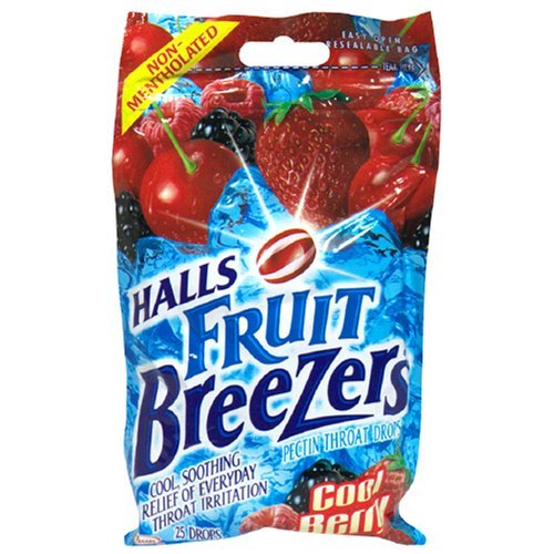 Halls Fruit Breezers Pectin Throat Drops, Cool Berry, 25-Count Bags (Pack of 12)
