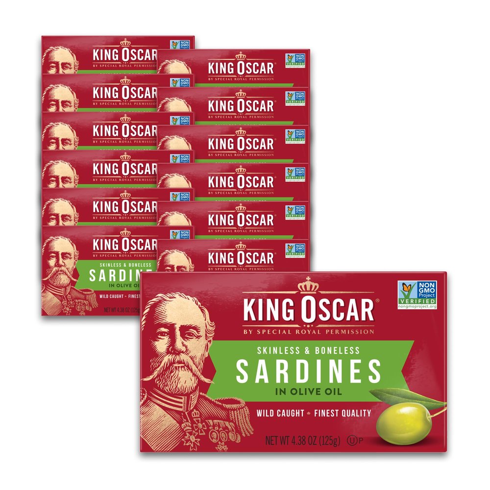 King Oscar Sardines in Olive Oil, 4.38 Ounce Cans (Pack of 12, Packaging May Vary), Skinless & Boneless, Wild Caught Canned Sardines