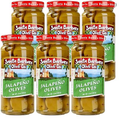 SANTA BARBARA OLIVE CO| Premium Individually Hand Stuffed Cocktail Olives | (5oz jars) (Jalapeno Stuffed) (Pack of 6)
