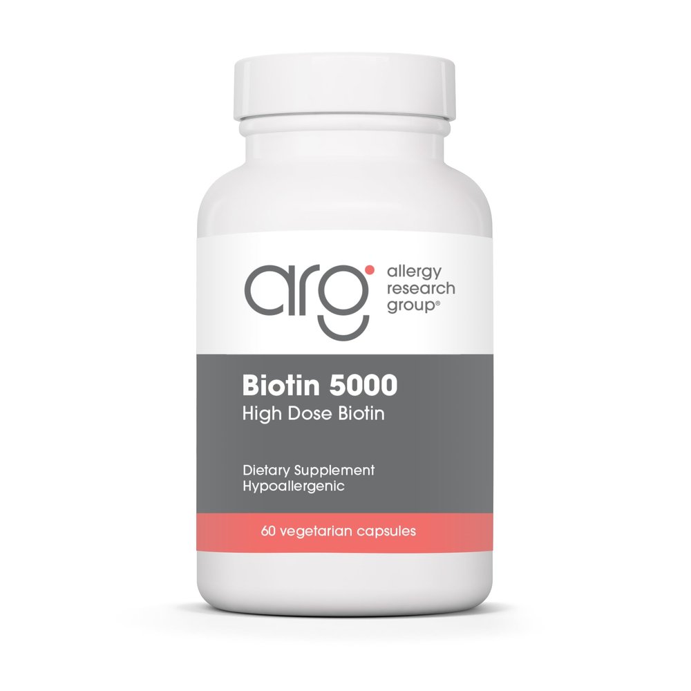 Allergy Research Group Biotin 5000 Supplement - 5000mcg Biotin, Vitamins for Hair, Skin and Nails, High Dose, Vegetarian Capsules, Hypoallergenic, Gluten Free - 60 Count