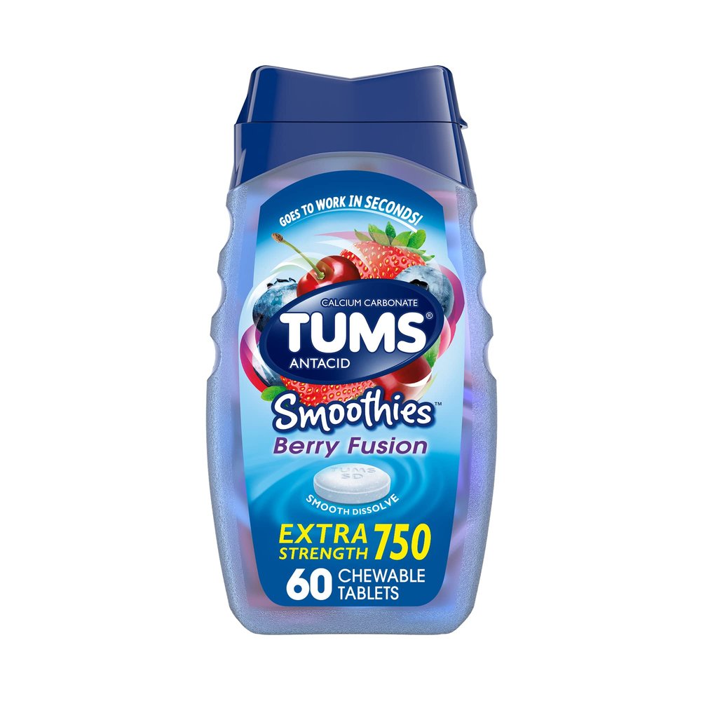 TUMS Smoothies Antacid Tablets, Heartburn Relief, Berry Fusion, 60 Count