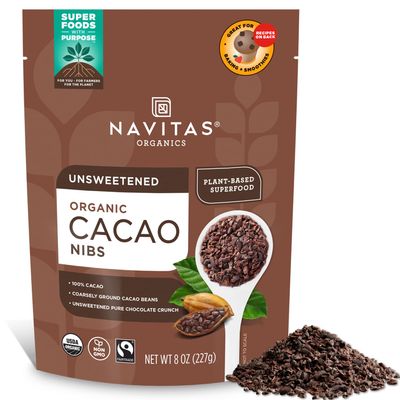 Navitas Organics Cacao Nibs  Unsweetened Dark Chocolate Crunch  Antioxidants, Minerals, Fiber  For Trail Mix, Baking & More  USDA Organic, Fairtrade, Non GMO, Gluten Free, Non-alkalized (8oz. Bag 76 Servings)