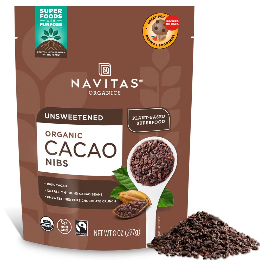 Navitas Organics Cacao Nibs Unsweetened Dark Chocolate Crunch Antioxidants, Minerals, Fiber For Trail Mix, Baking & More USDA Organic, Fairtrade, Non GMO, Gluten Free, Non-alkalized (8oz. Bag 76 Servings)
