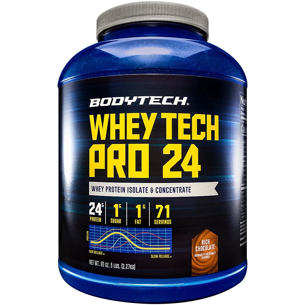 BODYTECH Whey Tech Pro 24 Protein Powder - 24g Protein per Serving - Supports Muscle Growth & Recovery - Rich Chocolate (5 lb, 71 Servings)