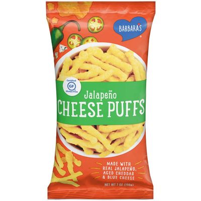 Barbara's Bakery Jalapeno Cheese Puffs, Cheese Puffed Kids Snack Made With Real Aged Cheddar and Blue Cheese, Gluten Free Snack, 7 OZ Bag