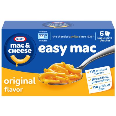 Kraft Easy Mac and Cheese, 6 Packets, for Easy Dinner or Dinner Sides, Original Flavor, No Artificial Flavors, Preservatives or Dyes, 12.9 oz