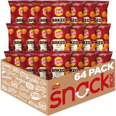 Baked Lays Potato Chips, Barbecue, 1.125 oz Bags, (64 Pack), 50% Less Fat, Gluten Free, No Artificial Flavors, No Colors from Artificial Sources