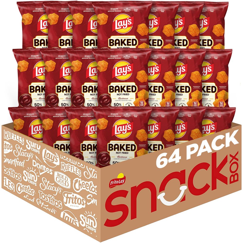Baked Lays Potato Chips, Barbecue, 1.125 oz Bags, (64 Pack), 50% Less Fat, Gluten Free, No Artificial Flavors, No Colors from Artificial Sources
