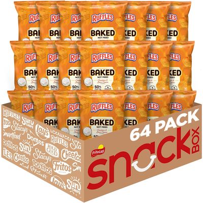 Baked Ruffles Potato Chips, Cheddar & Sour Cream, 1.125 oz Bags, (64 Pack), 50% Less Fat, Gluten Free, No Artificial Flavors, No Colors from Artificial Sources