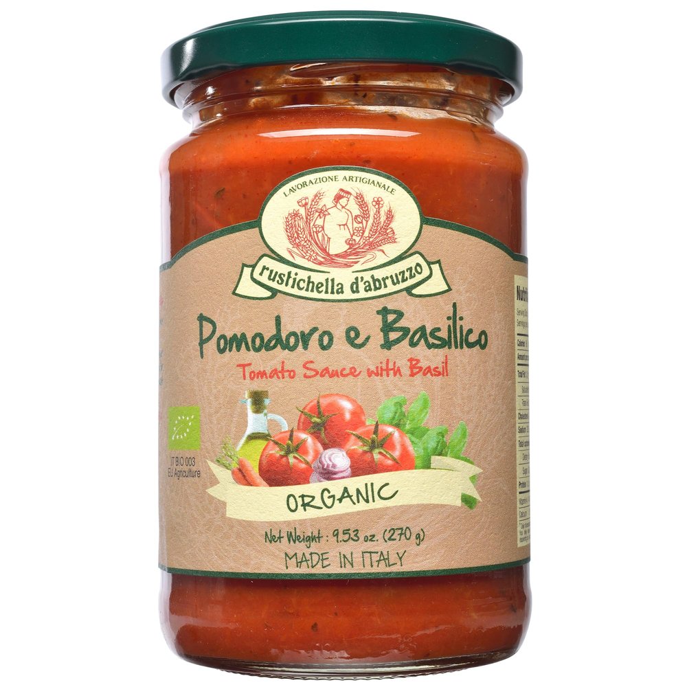 Rustichella d'Abruzzo Tomato & Basil Sauce | Authentic Italian Tomato Sauce with Fresh Basil & Olive Oil | Vegan | Perfect for Pasta, Pizza, Spaghetti & Marinara (9.53 oz / 270 g)