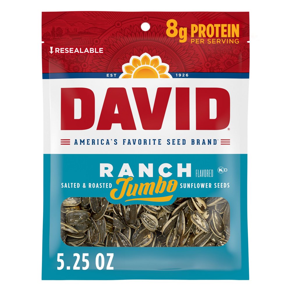 DAVID SEEDS Roasted and Salted Ranch Jumbo Sunflower Seeds, Keto Friendly, 5.25 oz, 12 Pack