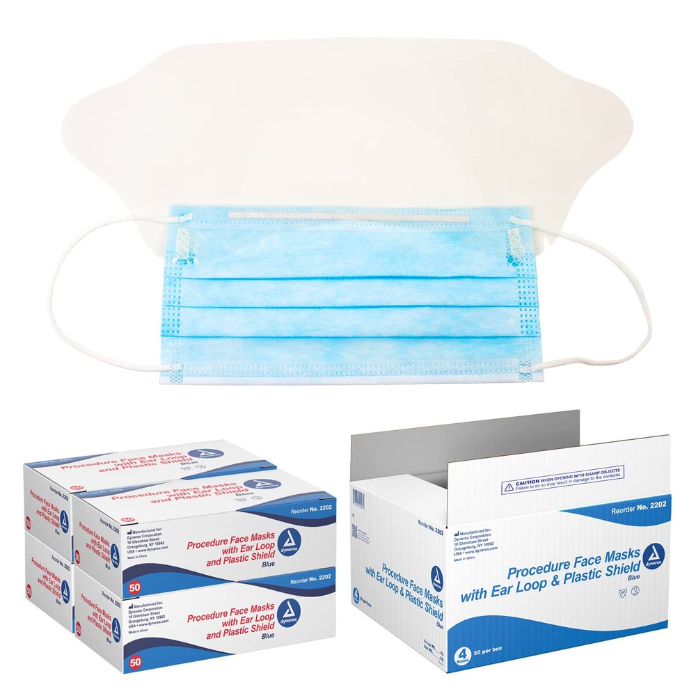 Dynarex Procedure Masks - Triple-Pleated Protective Masks with Shield, Ear Loops, Nose Strip - Disposable Mask, Face Protection - 50 per Box, 4 Boxes per Case  Blue