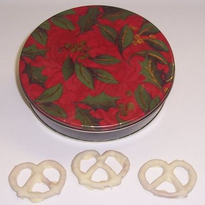 Scott's Cakes 1 lb. White Chocolate Covered Pretzel in a Holly Tin