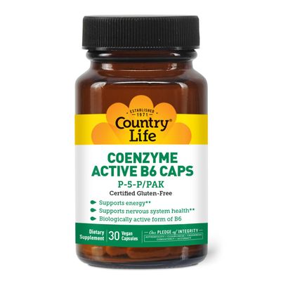 Country Life Coenzyme Active B-6, 50mg Vitamin B6-30 Vegetarian Capsules - Supports Energy, Nervous & Immune Systems - 25mg P-5-P Vitamin B6 - Certified Gluten Free, Vegan - No Artificial Additives