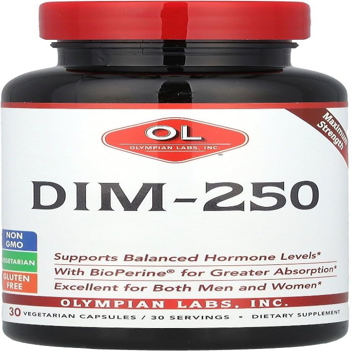 Olympian Labs DIM Supplement 250mg with BioPerine 30 Capsules Supports Healthy Estrogen Metabolism, Hormonal Balance & Overall Wellness for Men and Women