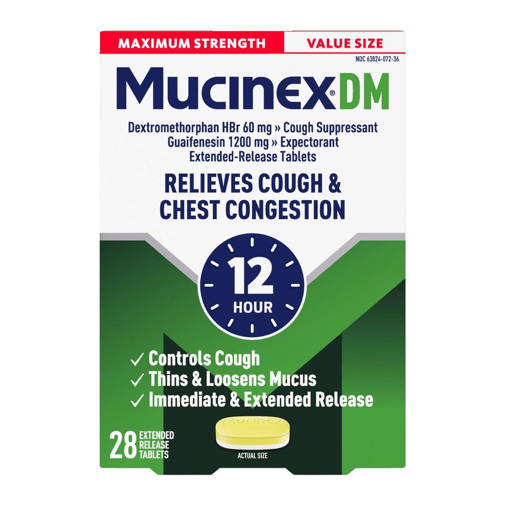 Mucinex DM 12Hr Maximum Strength Chest Congestion & Cough Medicine for Adults, Cold and Cough Medicine for Excess Mucus Relief, 1200 mg Guaifenesin & 60 mg Dextromethorphan HBr, 28 Bi-Layer Tablets
