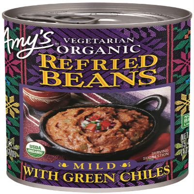 Amy's Organic Refried Beans Canned, Mild with Green Chiles, Vegan, Gluten Free and Vegetarian, 15.4 Oz
