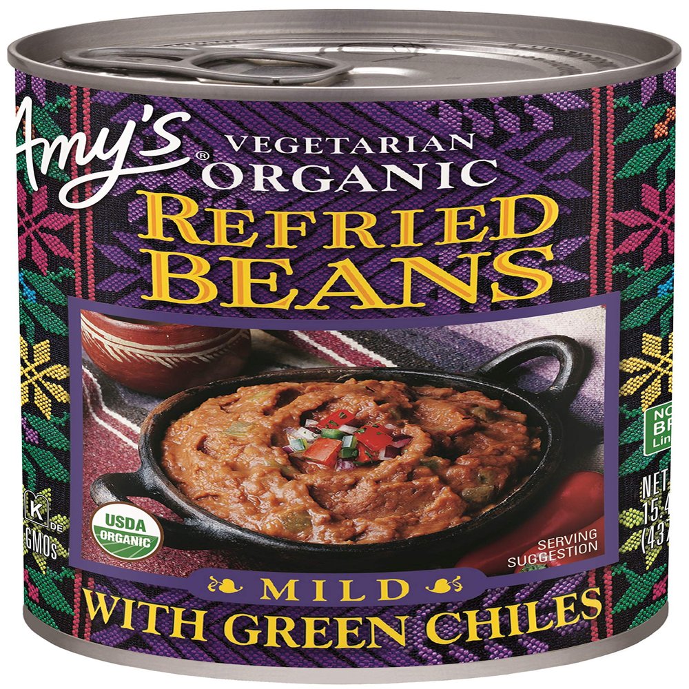 Amy's Organic Refried Beans Canned, Mild with Green Chiles, Vegan, Gluten Free and Vegetarian, 15.4 Oz